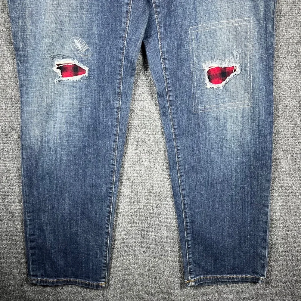 Eddie Bauer Boyfriend Jeans Womens 16 Medium Blue Distressed Plaid Patch Relaxed